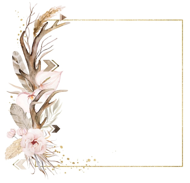 Gouden frame met aquarel herten geweien tropische bladeren en bloemen Boho Wedding illustratie