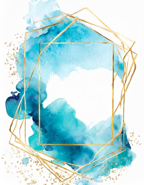 Gouden frame met blauwe inktgolven of waterverfvlekken op een witte achtergrond