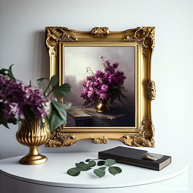 gouden frame met bloemen op witte tafel in de kamer
