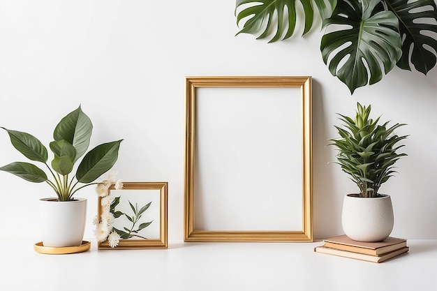 Gouden frame mockup op witte tafel achtergrond huis decor flatlay met planten en objecten
