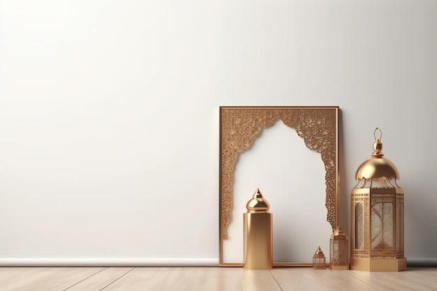 Gouden frame op de vloer voor een muur met gouden islamitische lampen.