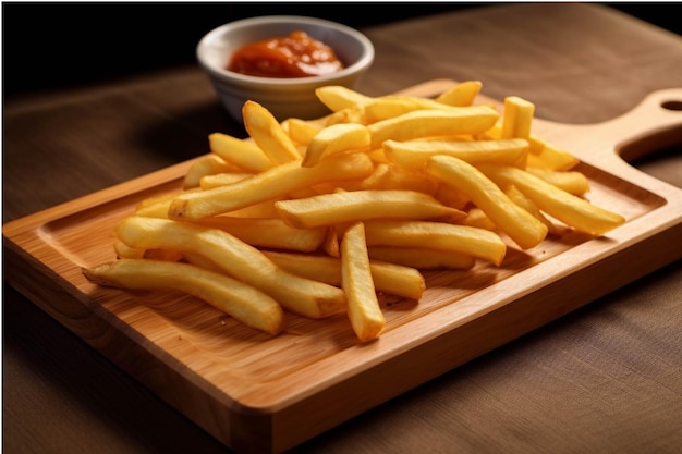 Gouden frietjes aardappelen op een houten snijplank met ketchup