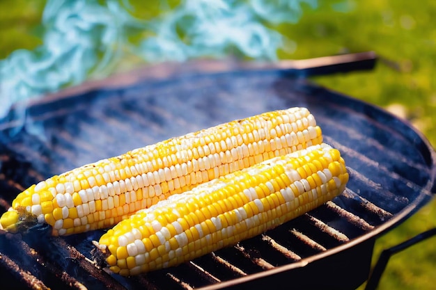 Gouden gegrilde maïskolven die op de barbecue zijn gelegd tijdens een picknick