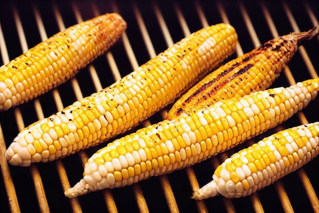 Gouden gegrilde maïskolven die op de barbecue zijn gelegd tijdens een picknick