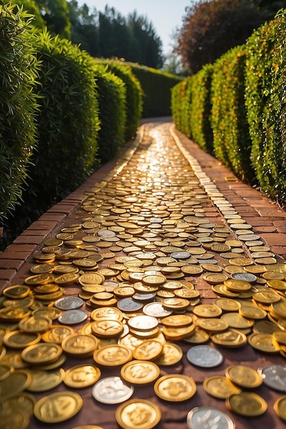 Foto gouden geplaveide platte bakstenen weg langs heggen van geld en munten op de grond