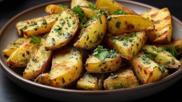 Gouden geroosterde aardappelen bestrooid met verse kruiden