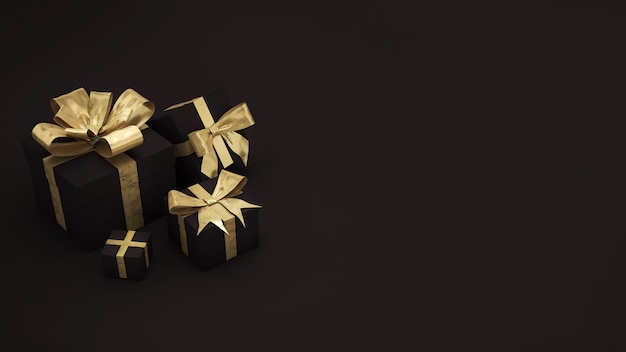 Gouden geschenkdoos festivalviering, gouden kerstcadeaudoos op een zwarte achtergrond, 3D render