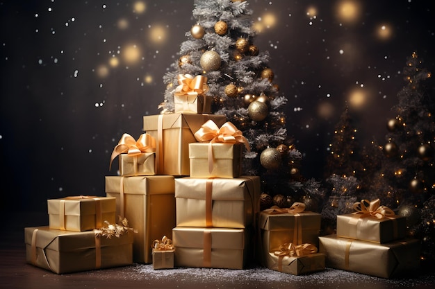 Gouden geschenkdozen kerst feestelijke achtergrond