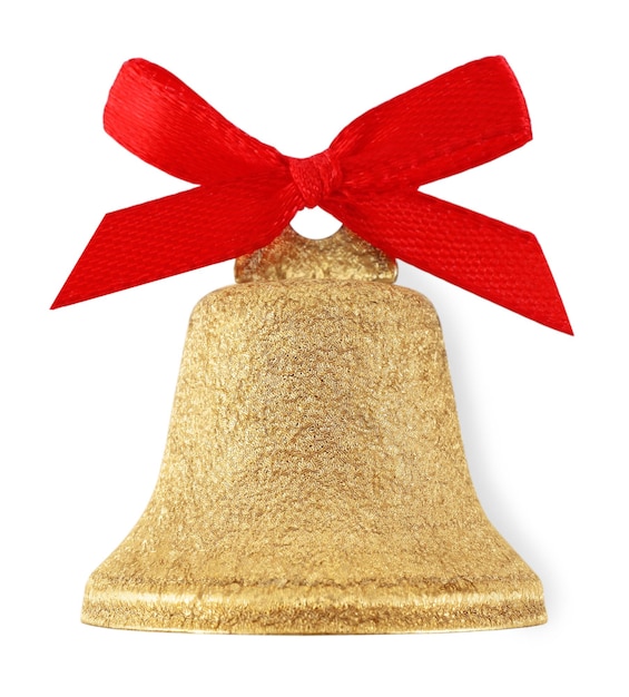 Gouden glanzende bel met rode strik geïsoleerd op wit Kerstdecoratie