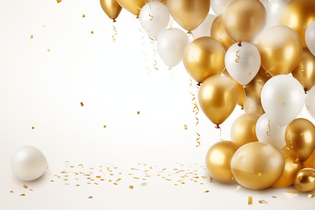 Gouden glanzende confetti en gouden ballonnen op witte achtergrond