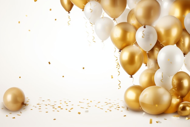 Gouden glanzende confetti en gouden ballonnen op witte achtergrond