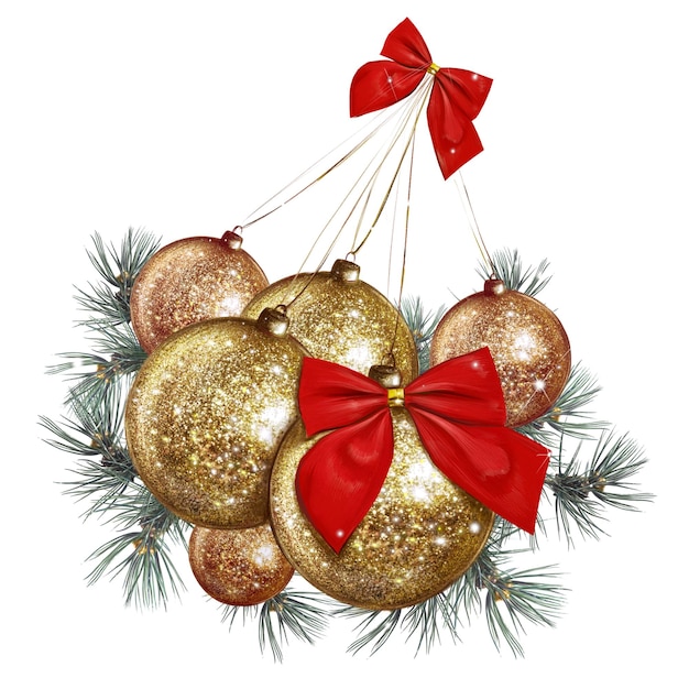 Gouden glanzende kerstballen met rode strikken met dennentakken
