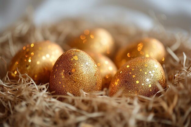 Gouden glinsterende paaseieren in het nest