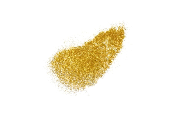 Gouden glitter beroerte geïsoleerd op een witte achtergrond. Glanzende deeltjes. Feest, vrolijk kerstfeest, gelukkig nieuwjaar decoratie.