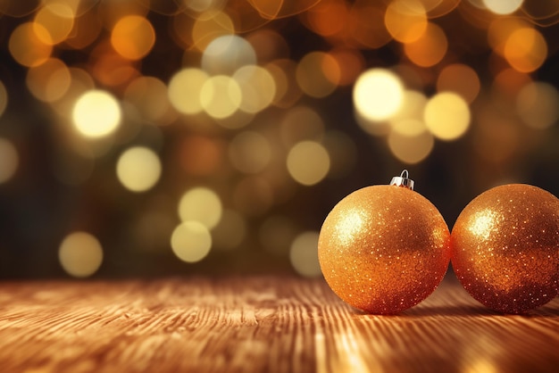 Foto gouden glitter kerstballen tafelruimte voor tekst groetkaart bokeh achtergrond glanzend seizoensgebonden