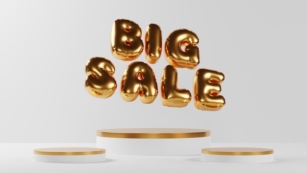 gouden grote verkoop tekstballon met voetstuk of podium display op witte achtergrond, 3D-rendering