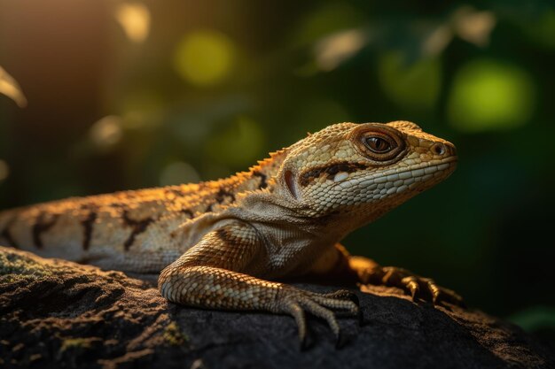 Gouden hagedis rust op rots bij zonsondergang generatieve IA