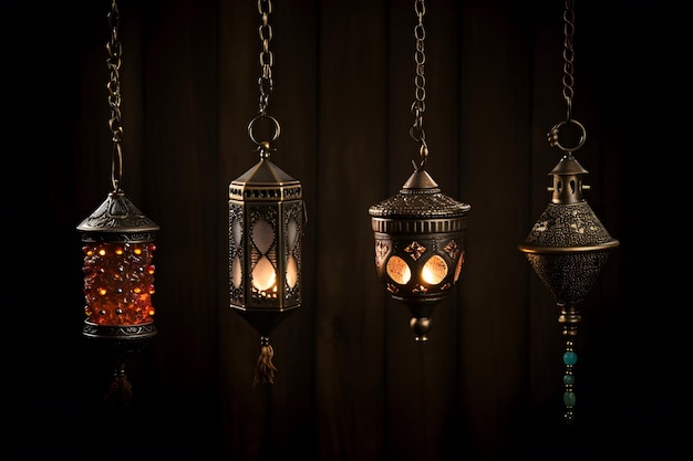 Gouden hangende lantaarns en een mandala-ontwerp versierd op een Arabische achtergrond