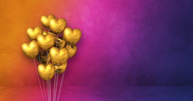 Gouden hartvorm ballonnen bos op een regenboog muur achtergrond. Horizontale banner. 3D illustratie render