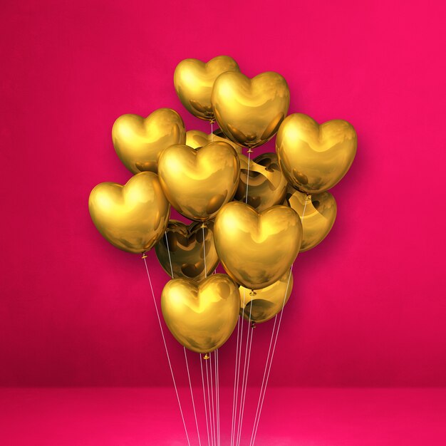 Gouden hartvormige ballonnen bos op een roze muur. 3D illustratie render