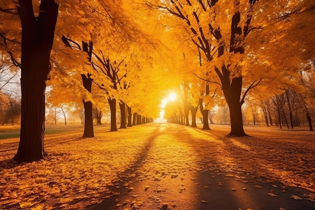 Gouden herfstlandschap met gele bomen en zon