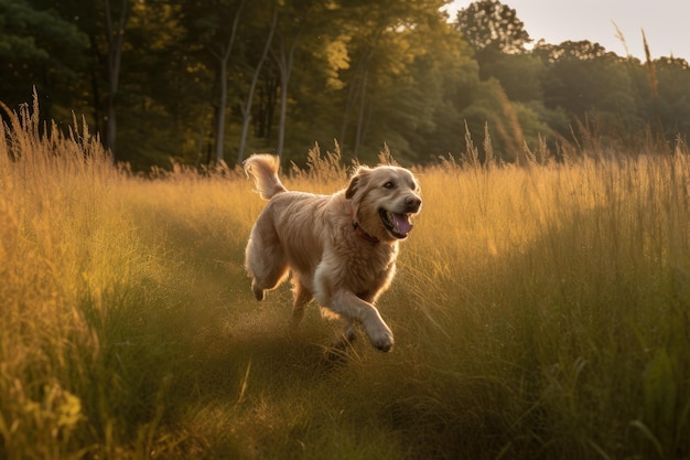 Gouden hond die in een zonnig veld loopt generatieve IA