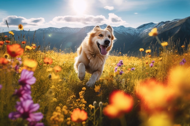 Gouden hond speelt in bloemrijke veldbergen in de achtergrond generatieve IA