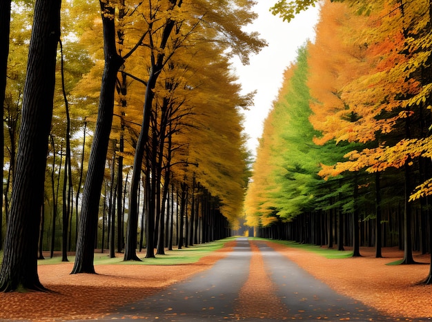 Gouden inktlijnen schilderen een vlak bos in de herfst met behulp van het Pantone kleurpalet Generatieve AI gegenereerd
