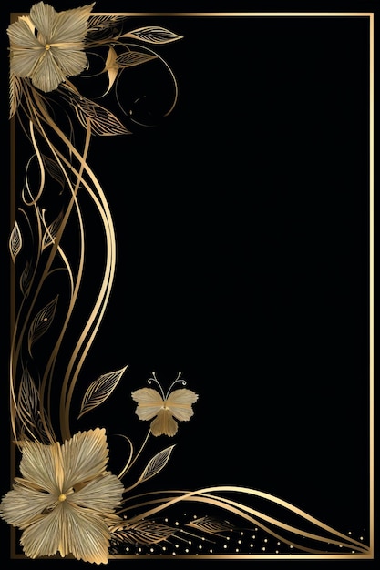 gouden kader met bloemen en vlinders op een zwarte achtergrond