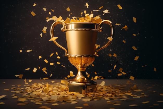 Gouden kampioen beker en confetti ai generatieve