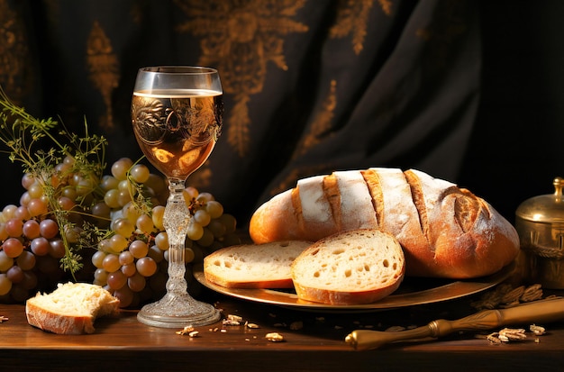 gouden kelk met een kruis en een brood