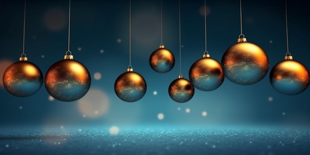 Foto gouden kerstballen hangen over een turquoise blauwe achtergrond.