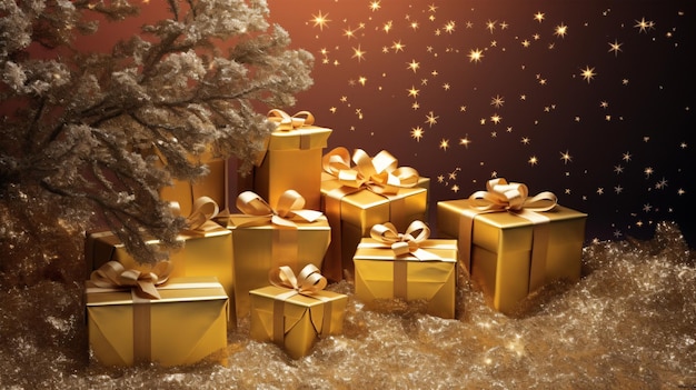 Gouden kerstcadeautjes prachtig gerangschikt onder een glinsterende boom, ideaal om een vleugje toe te voegen