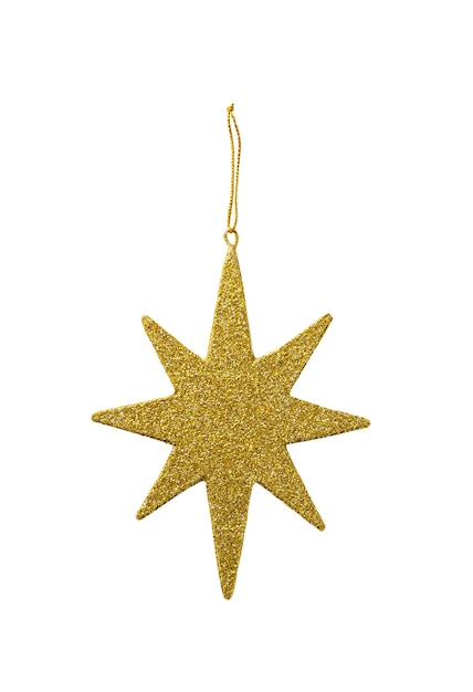 Foto gouden kerstster met glitter opknoping op gouden string geïsoleerd op een witte achtergrond