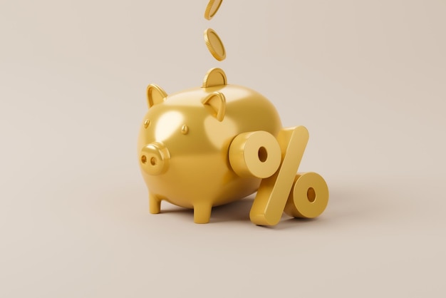 Gouden kleur percentage icoon en spaarvarken Besparing van geld en belegging concept 3d illustratie