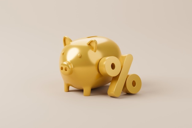 Gouden kleur percentage icoon en spaarvarken Besparing van geld en belegging concept 3d illustratie