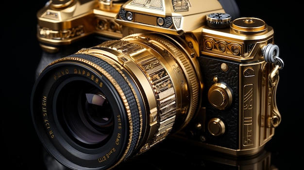 gouden kleurencamera en cameralens op zwarte achtergrond