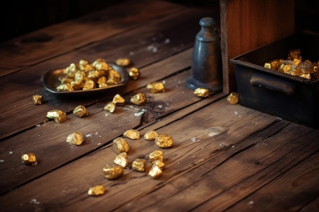 Gouden klontjes op een houten tafel in de mijne.