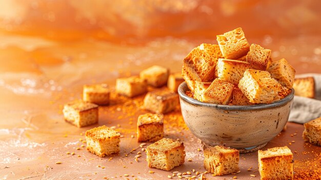 Foto gouden knapperige croutons in een keramische schaal tegen een warme oranje achtergrond met verspreide zaden