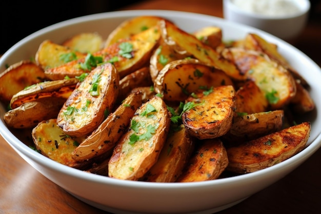 Gouden, knapperige, geroosterde knoflook, parmesan aardappelen op een rustiek bord