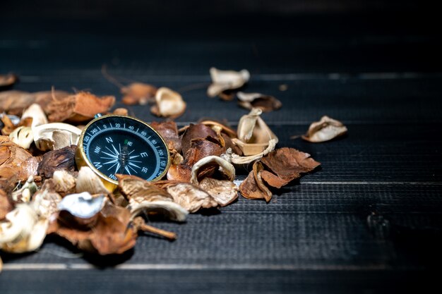 gouden kompas op gedroogde bladeren op houten retro zwarte tafel