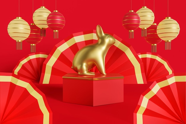 Gouden Konijn met rode Chinese waaiertextuur op een rode achtergrond Gelukkig Chinees Nieuwjaar 3d illustratie