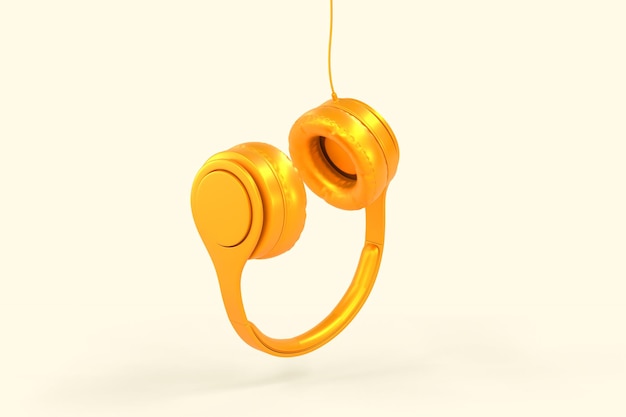 Gouden koptelefoon voor luisteren muziek dj audio headset geïsoleerd op beige achtergrond Monochroom gouden stereo koptelefoon mockup accessoire met geluid luidsprekers ondersteboven realistische 3d render illustratie