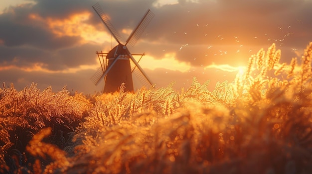 Gouden koren en een molen Prachtig natuurlijk landschap bij zonsondergang Een veld met tarwe