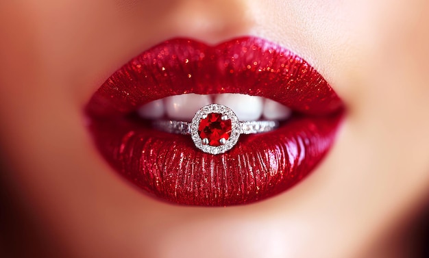 Gouden kostbare ring met rode robijn in een vrouws lippen geschilderd met lippenstift close-up Mercantile egoïstische vrouwelijke escort