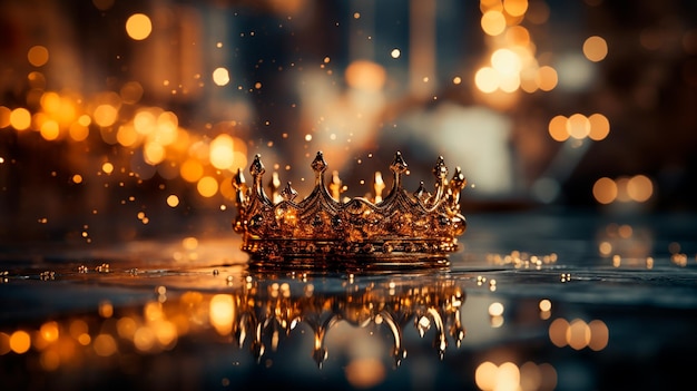 Foto gouden kroon met lichten op een donkere achtergrond