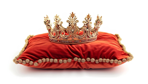 Foto gouden kroon op het rode kussen geïsoleerd op witte achtergrond