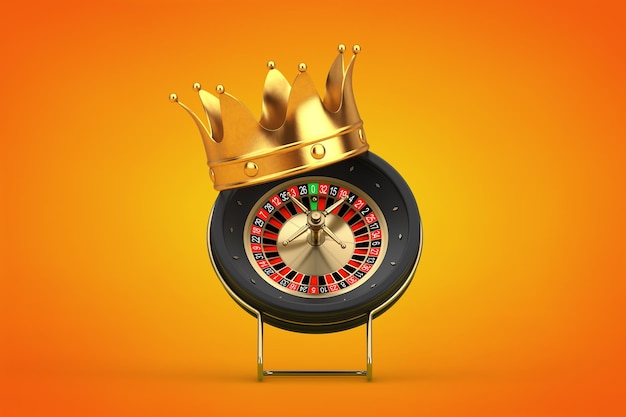 Gouden kroon over black casino roulette wheel op een oranje achtergrond 3d-rendering