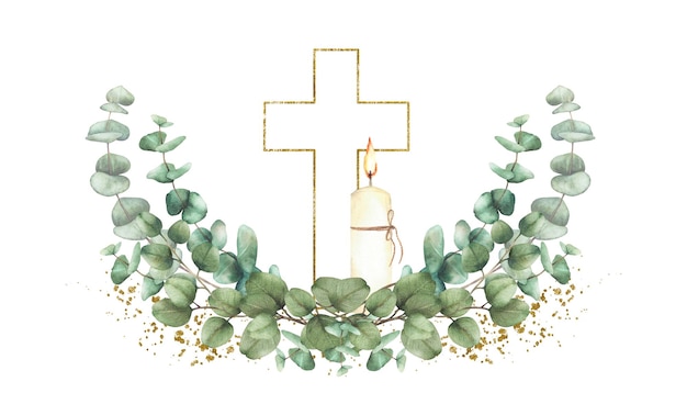 Gouden kruis met brandende kaars en groene eucalyptus takken op gouden spetteringen en vlekken