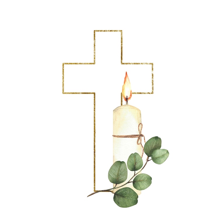 Foto gouden kruis met een witte brandende kaars en groene eucalyptus tak religieuze waterverf met de hand getekend